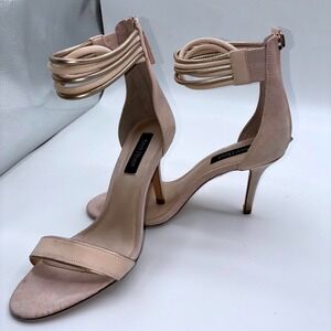 WHBM Womens 6M Suede Strappy Stiletto Heels Ankle Strap Sandals Back Zip Formal